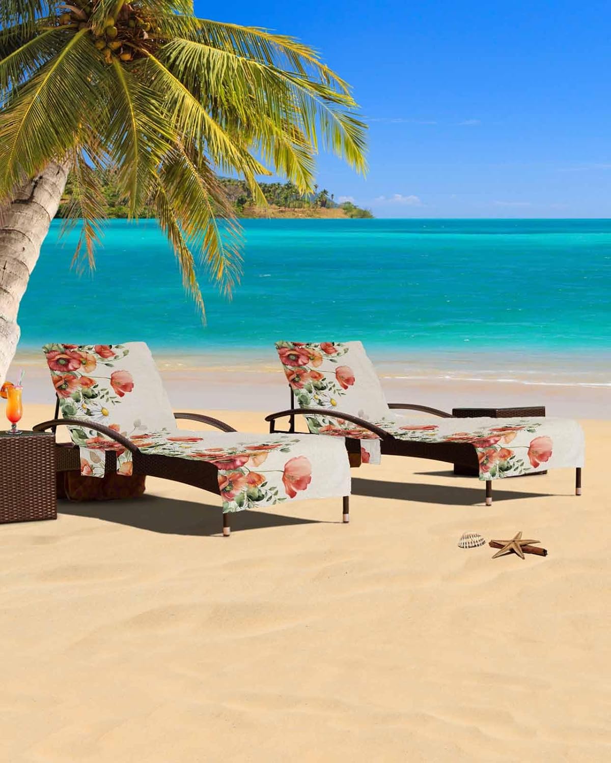 Rustic Flowers Beach Pool Patio Lounge Chaise Chair Cover Towel With Pockets,Absorbent & Quick Dry Microfiber Towel Cover Bag Summer Sunbathing Accessories Country Daisy Eucalyptus Poppies Plant Leaf