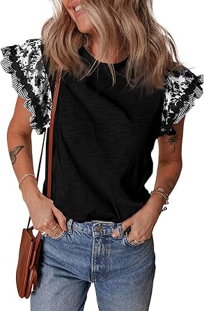 Pinclodly Ruffle Sleeve Tops for Women Bohemian Floral Trim Crewneck Tshirts Casual Loose Patchwork Cap Sleeve Peasant Tops