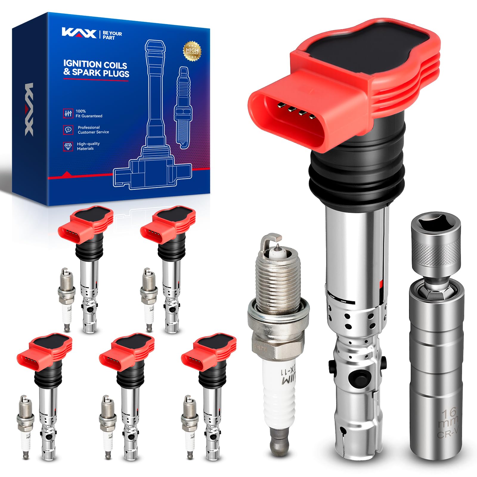 KAX 6 Ignition Coils &amp; 6 Spark Plugs Set for A4 Quattro, A4