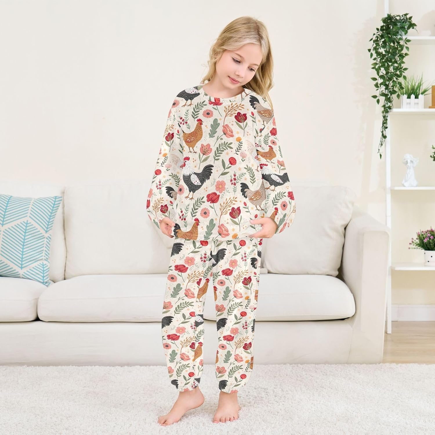 Roosters Floral Cream Plush Pajama Set Soft Coral Fleece Sleepwear for Winter Warmth