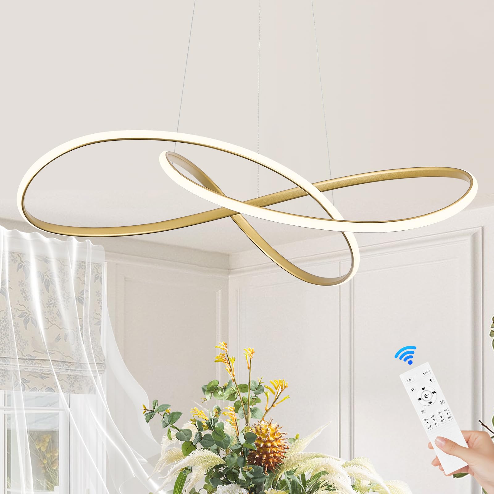 Photo 1 of Sparklelf D31.5in Modern LED Chandelier Gold Ring Chandelier High Ceiling Contemporary with Dimmable Remote Control, LED Pendant Light Fixtures for Foyer Dining Room Kitchen Island, 3000-6500K