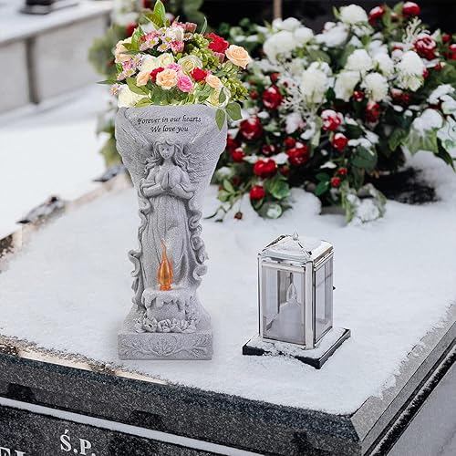 Miniatura 7 de Regalo conmemorativo del cementerio estatua de ángel de jardín con luces solares y jarrones, florero de ángel de oración, estatuas de jardín de