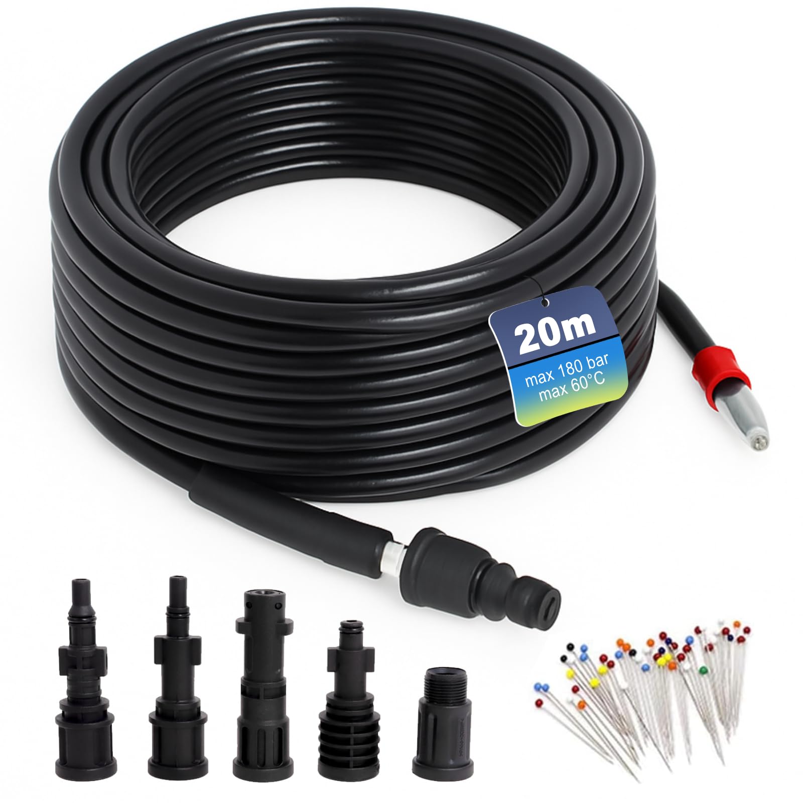 Rohrreinigungsschlauch 20 M, mit 5 Adapter 180bar 60°C Rohrreinigungsset für Kärcher K2-K7, Lavor, Interpump, Bosch Hochdruckreiniger, Rohrreinigungsset für Hochdruckreiniger