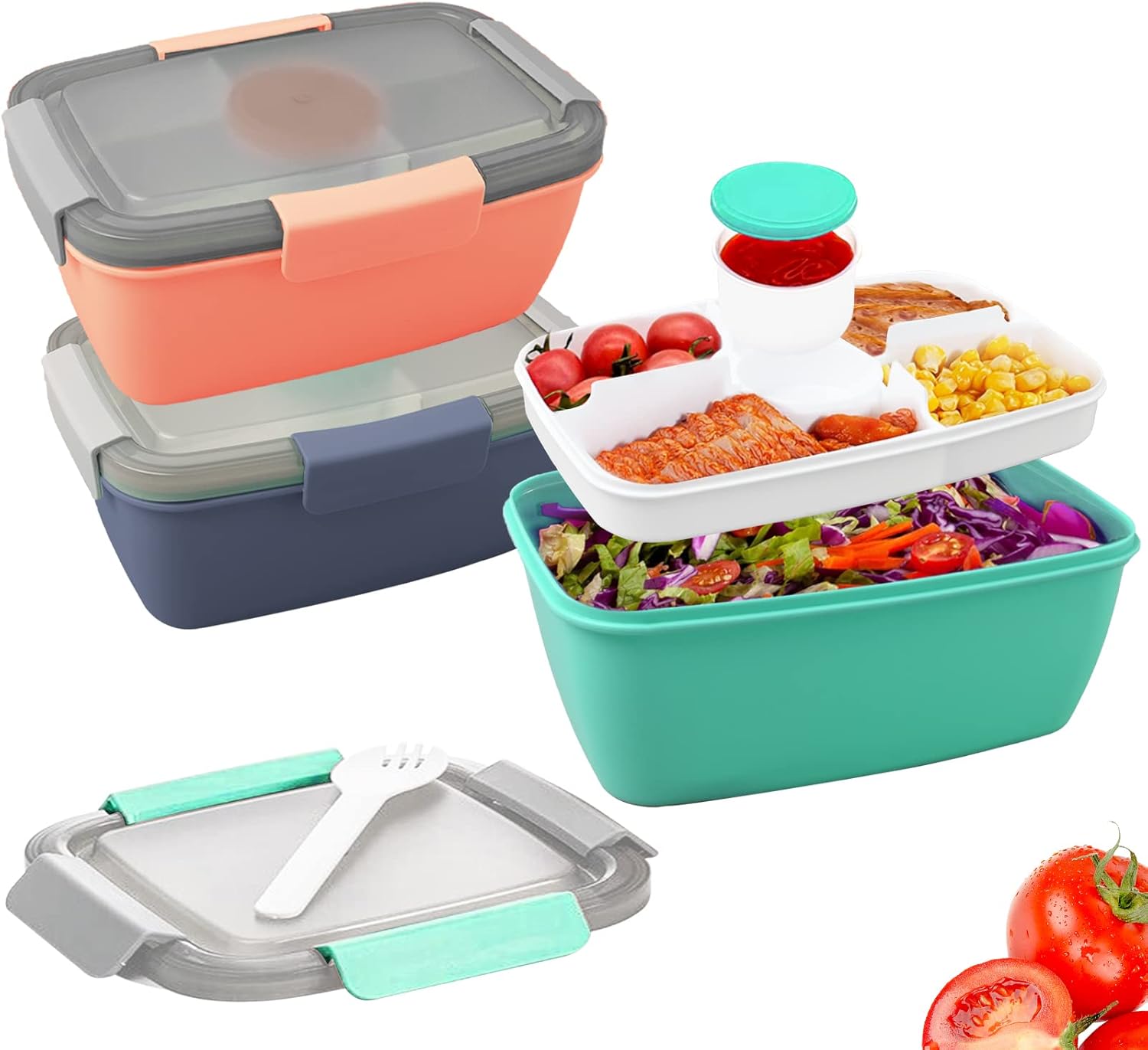3 Pack Salad Lunch Containers, 68Oz Large Salad Bowl with 5 Compartments, Leak Proof Lunch Box