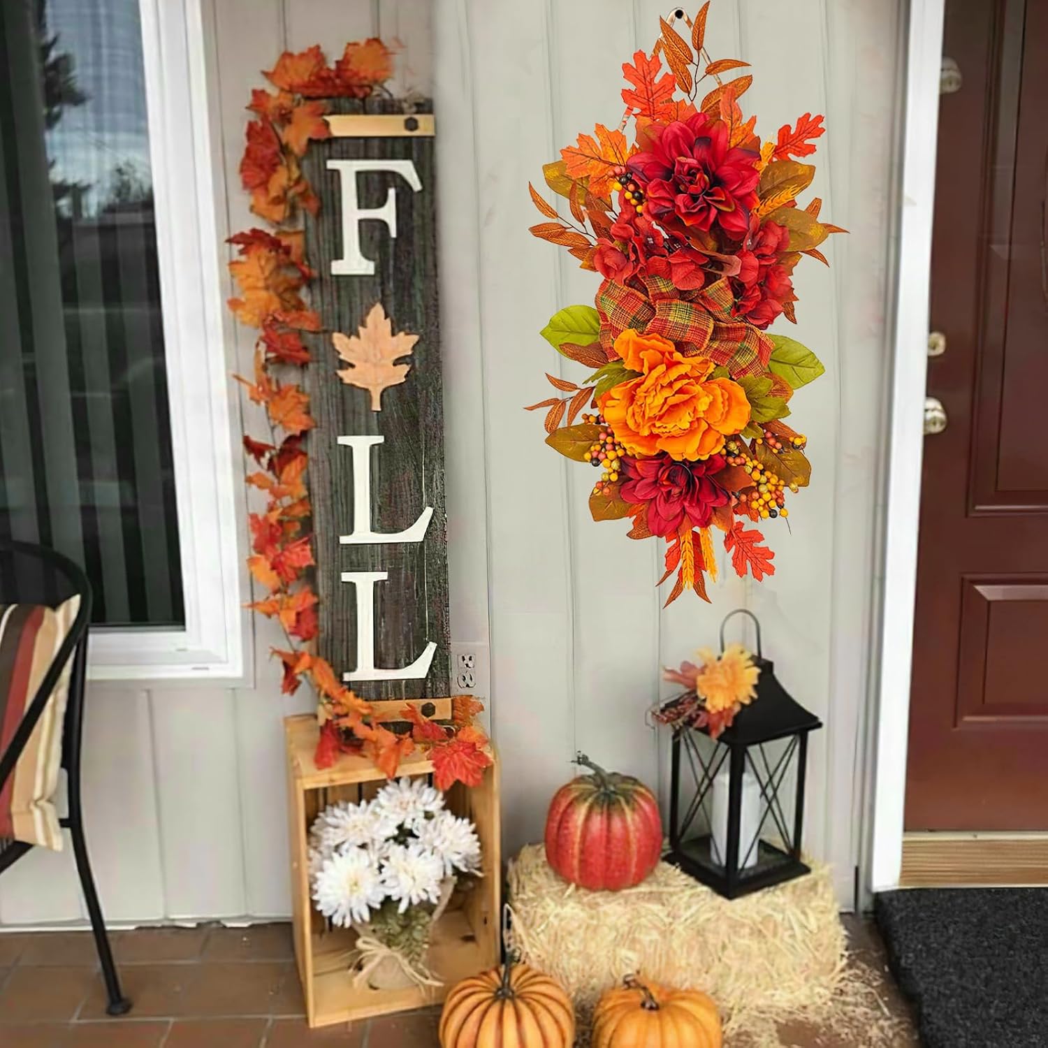CITYES Artificial Flower Peony Fall Artificial Fall Decorative Swag Orange Autumn Floral Swag with Maple Leaves Harvest Swag for Thanksgiving Halloween Wedding Arch Front Door Wall Decor