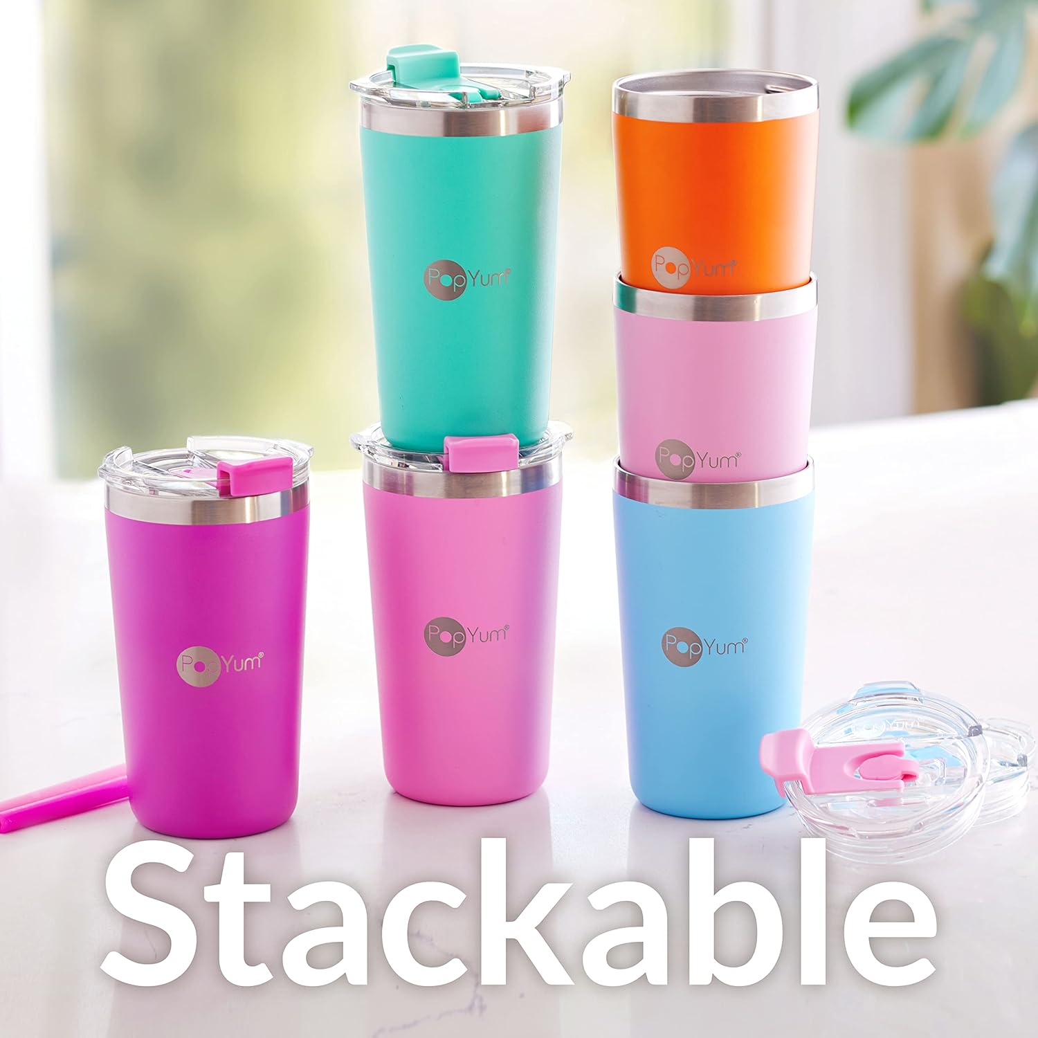 PopYum 13oz Insulated Stainless Steel Kids’ Cups with Lid and Straw, 2-Pack, Purple, Pink, stackable, sippy, baby, child, toddler, tumbler, double wall, vacuum, leak proof