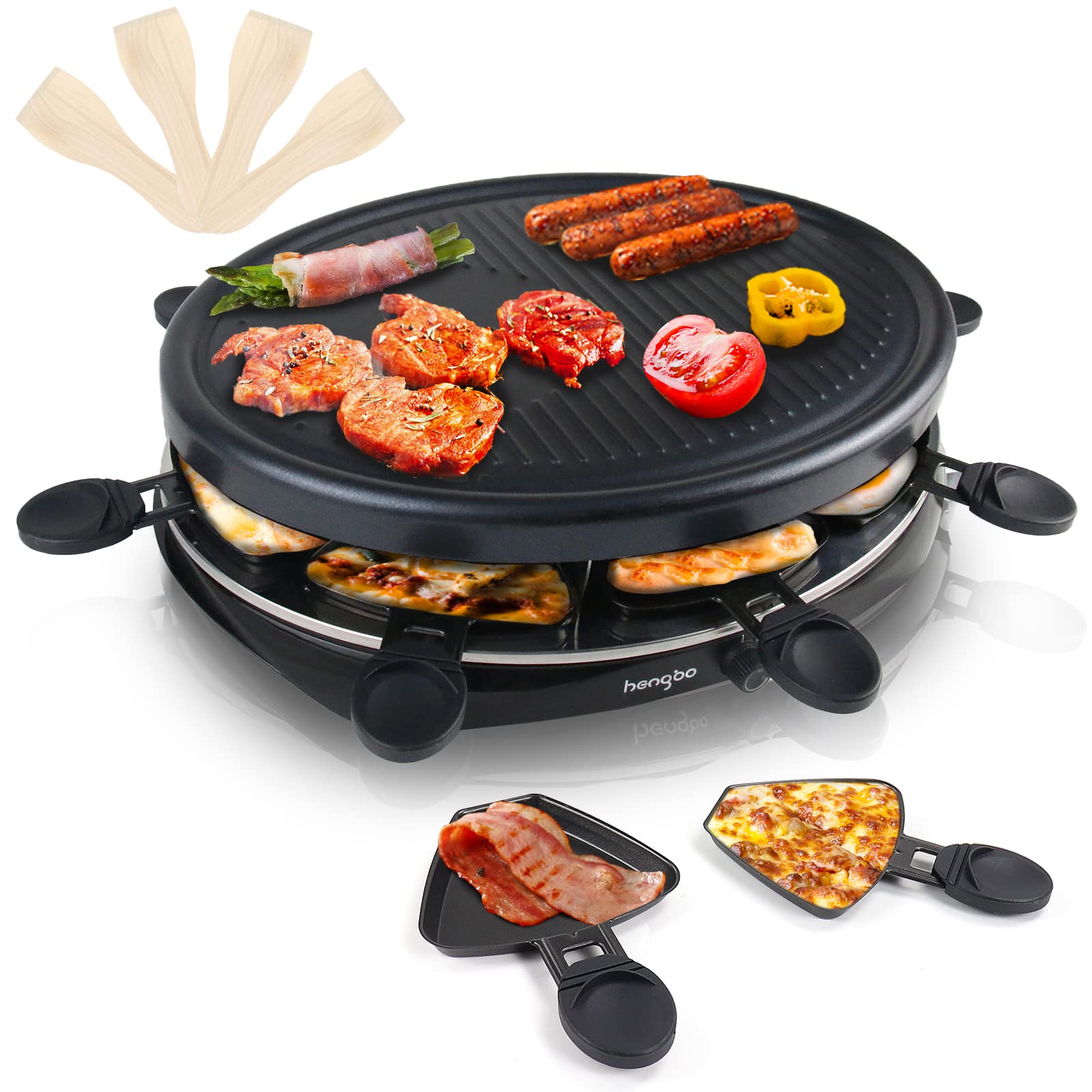 HengBO Raclette Grill for 8 Persons, Non-Stick Coating Plate, Adjustable Temperature, 8 Mini Pans & 4 Wooden Spatulas, 1300W