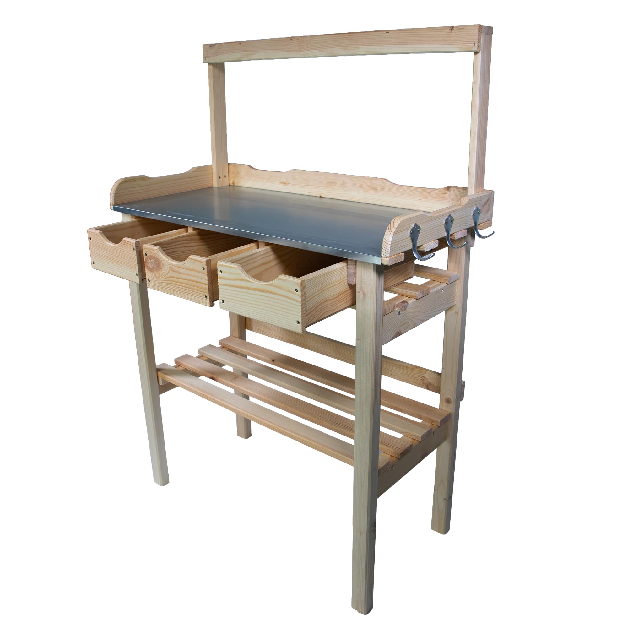 mgc24® Table de jardinage avec plan de travail galvanisé | 80 x 40 x 117 cm | bois de pin naturel | avec plateau + 3 tiroirs + montant supérieur