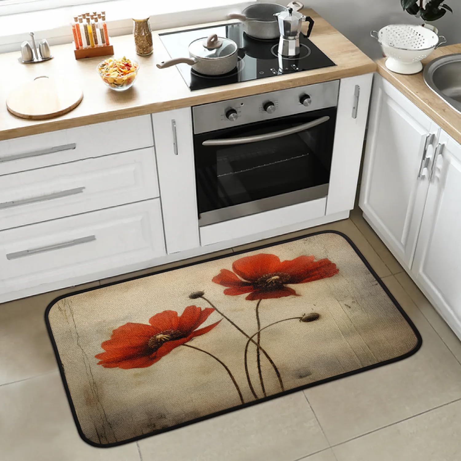Funky Qiu Kitchen Mat, Vintage Poppy Flower Anti Fatigue Kitchen Mat for Floor,Non Slip Waterproof Comfort Floor Mat for Kitchen,House,Office,Sink, Laundry,39 * 20