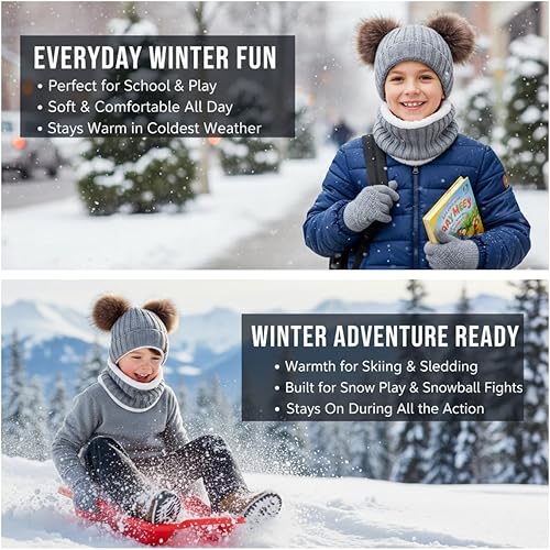 Miniatura 2 de Juego de 3 piezas de gorro de punto de invierno para niños, bufanda y guantes, forro polar grueso y cálido para niñas de 1 a 10 años