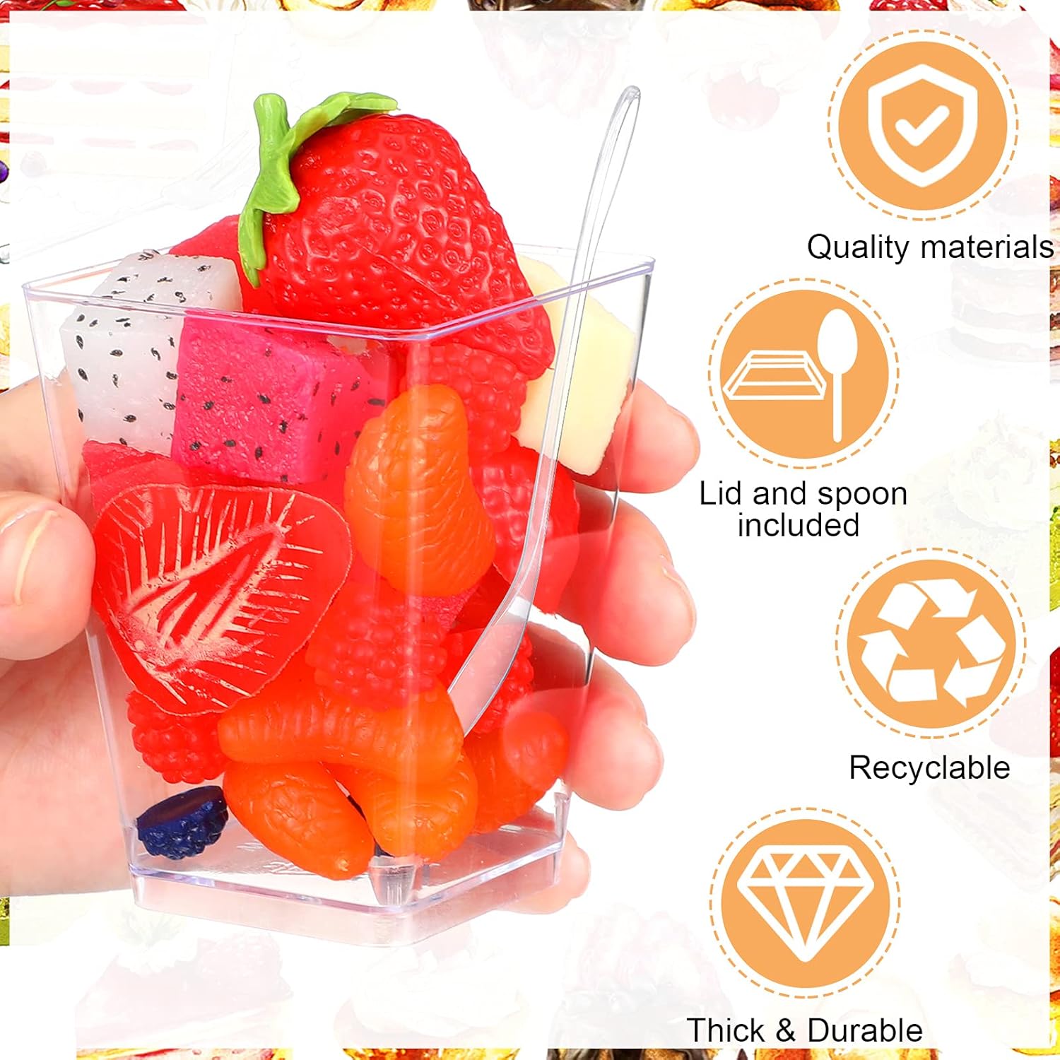 125 Sets 5 oz Clear Plastic Dessert Cups with Lids and Tasting Spoons Disposable Square Dessert Cups Plastic Mini parfait Tumbler Appetizer for Party Weddings Pudding Appetizers Mousse