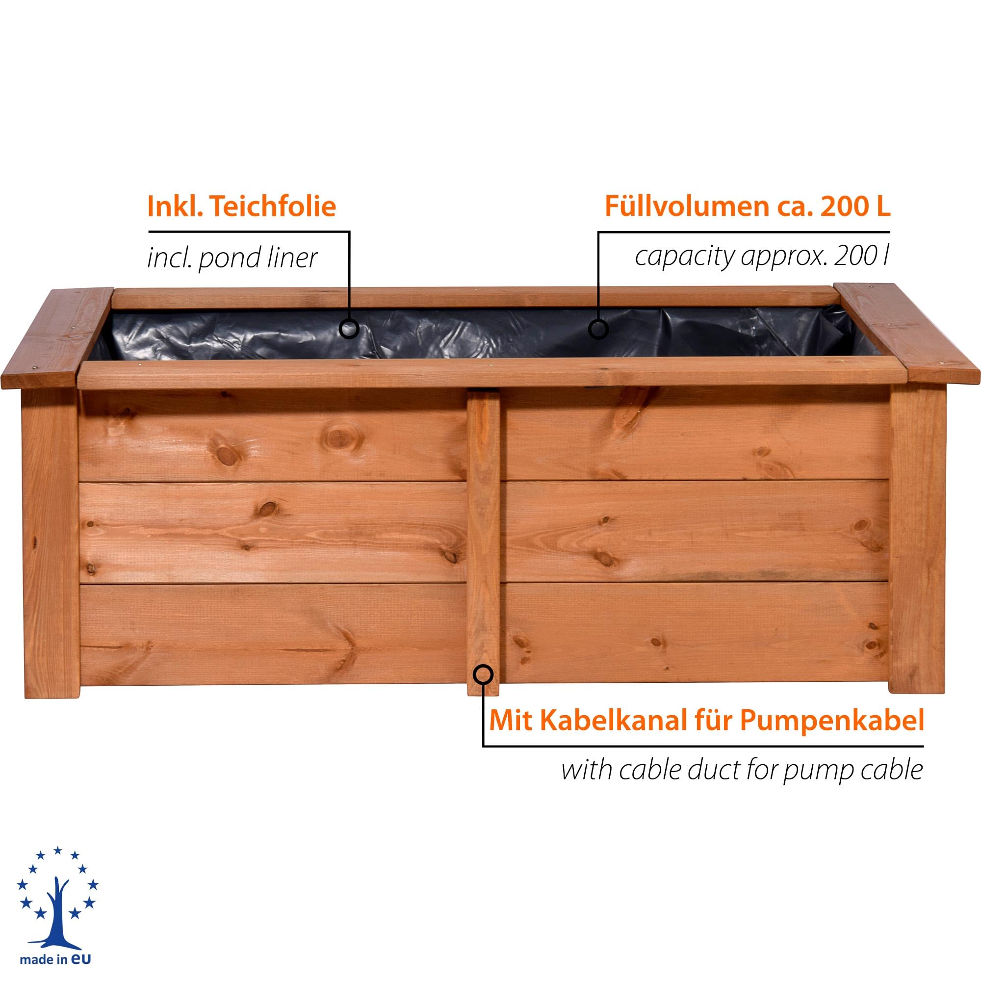 dobar® 29246FSCe Hochteich Kubus | Gartenteich aus robustem Massivholz | Miniteich 200 L für Garten/Terrasse/Balkon | Teich für den Garten inkl. Teichfolie | 120 x 72 x 42 cm | Braun