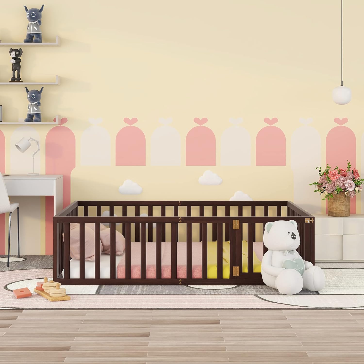 Bellemave Queen Size Wooden Floor Bed for Kids, Montessori Bed with Fence-Shaped Guardrails and Door, for Kids, Boys & Girls(Walnut, Queen)