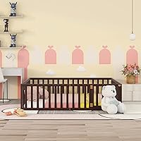 Vista 16 de Harper & Bright Designs Cama de plataforma de suelo tamaño individual con valla y puertas, marco de cama con conexión a tierra para espacios Gris