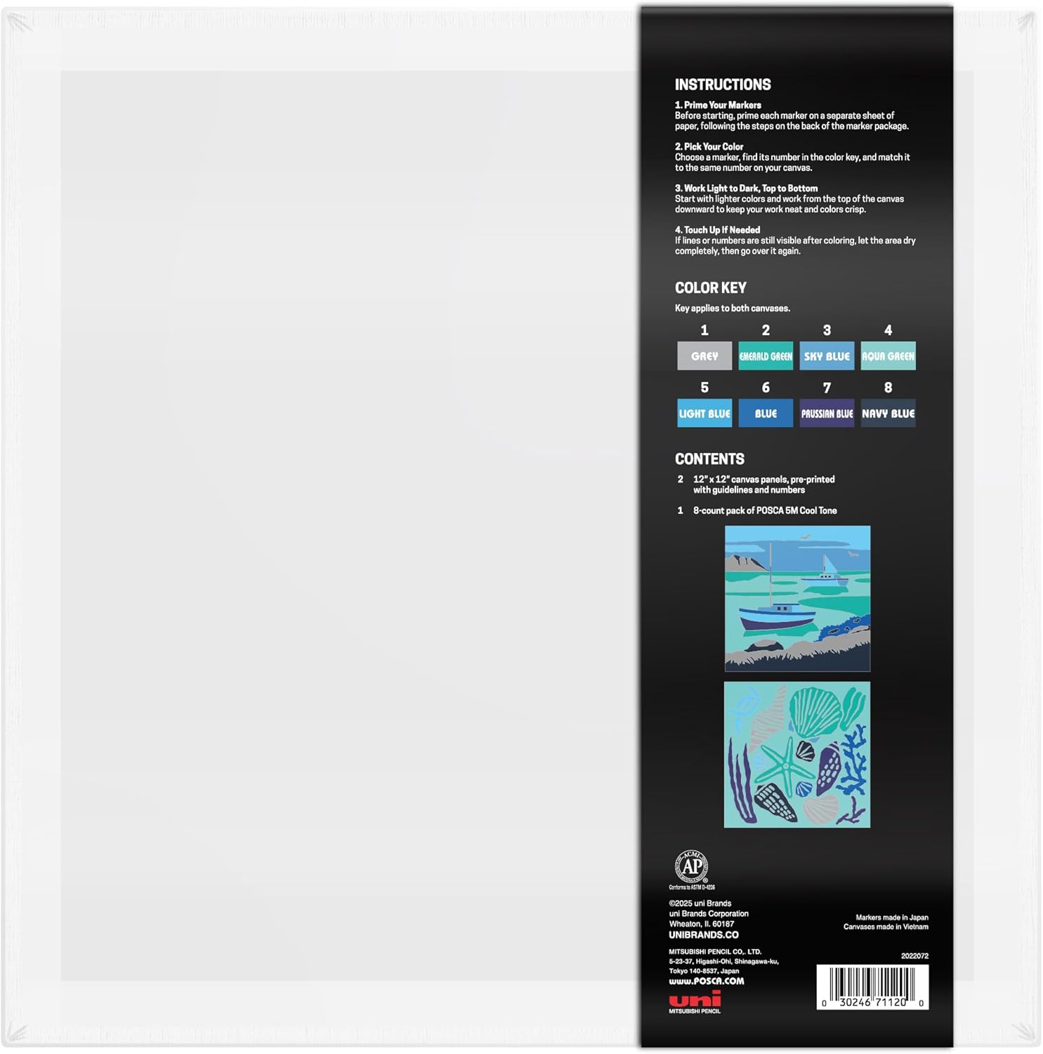 POSCA Canvas Paint by Number Kit, Harbor Hues - 8 Acrylic Markers with 2 Pre-Drawn Canvases - Gift Set for Artists, Adults and Kids