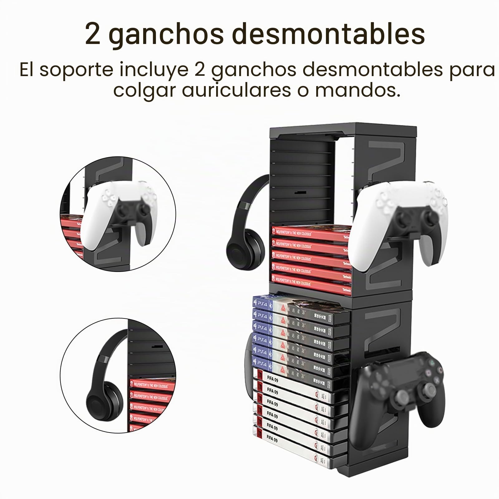 Torre de Almacenamiento de Videojuegos, Doble Capa Estante de Disco para Videojuegos de 24 Rejillas, con 4 Soportes para Controladores para Controladores para PS5, PS4