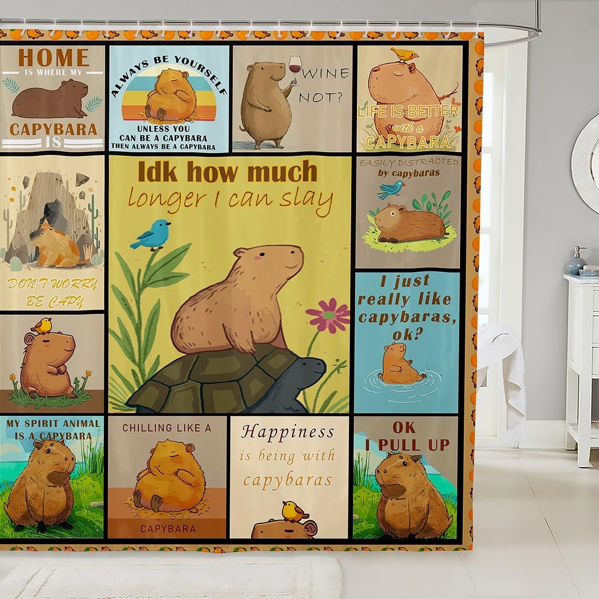 Erosebridal Cartoon Capybara Bathroom Shower Curtain Sets 72" Wx72 L,Funny Capybara Shower Curtain,Cute Rodent Animals Fabric Shower Curtain Rustic Patchwork Decor,Capybara Gifts for Boys Men