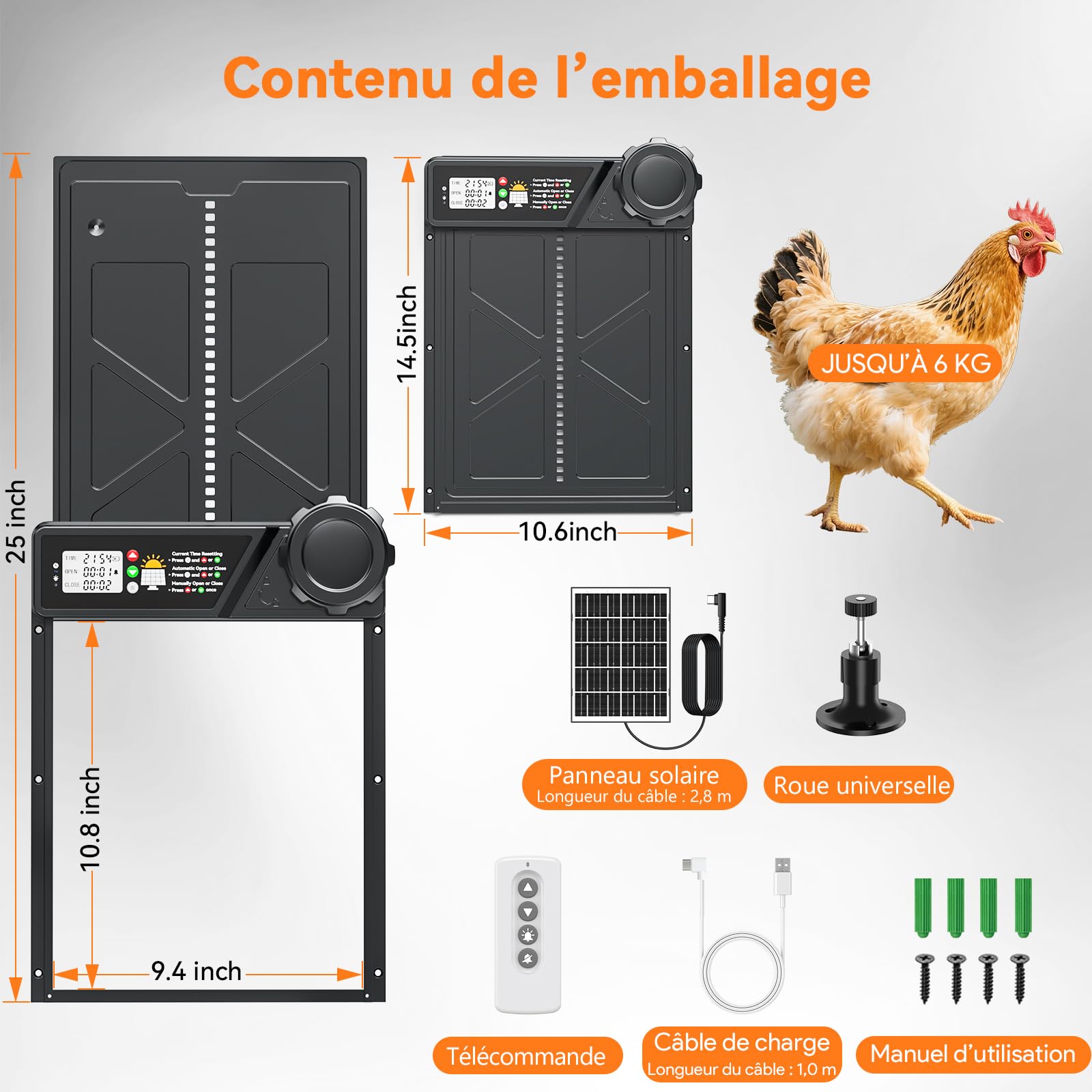 Grande Porta Automatica Pollaio Solare, Porta Automatica Pollaio in Alluminio con Timer, Telecomando, Funzione Anti-pizzico, Schermo LCD Impermeabile per Galline, Anatre e Oche