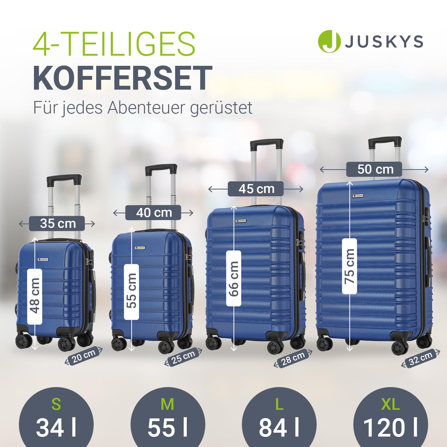 Juskys® Hartschale Kofferset Reisekoffer 4 teilig - Zahlenschloss, geräuscharme 360° Rollen groß, Teleskopgriff, leicht - Koffer in Blau