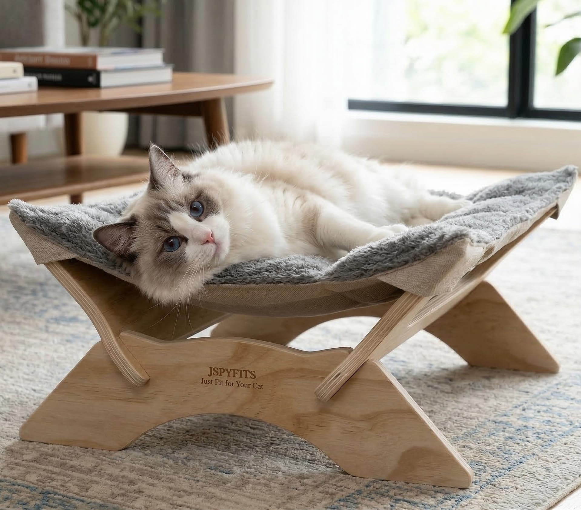 JSPYFITS Katzenbett, Plüsch-Samt-Katzenbetten für Indoor-Katzen, Katzenhängematte aus Holz, 54 x 42 x21 cm, geeignet für Katzen, Hunde, Kaninchen, Kätzchen und Kleintiere Grau