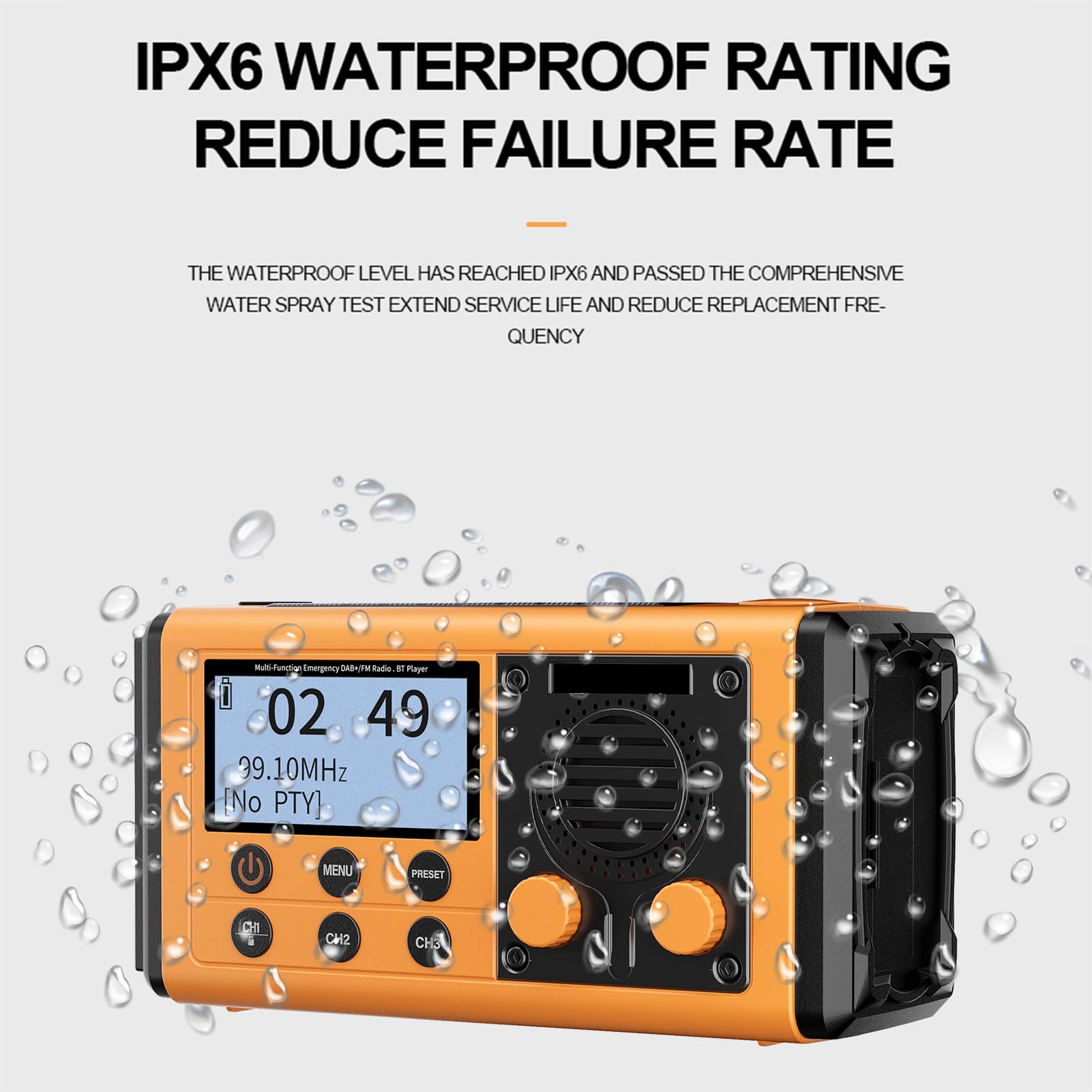 Domary Radio d'urgence de Manivelle à Main Solaire Portable Dab + / FM BT 5.0 Haut-Parleur 10000mAh Banque d'alimentation LED Lampe de Poche SOS Alarme IPX6 Imperméable avec Charge (Jaune)