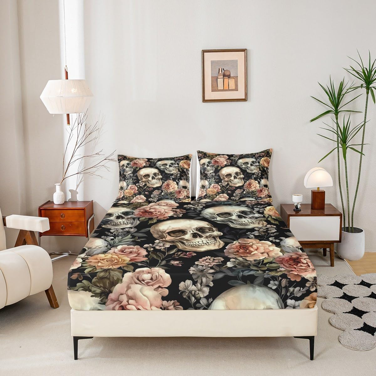 Happy Halloween Kids Fitted Sheet Queen Size,Human Skeleton Rose Flowers Trippy Bedding Set,Girls Boys Room Decor,Skull Leaf Botanical Gothic Black Pink Bed Sheet,2 Pillowcases(No Flat)