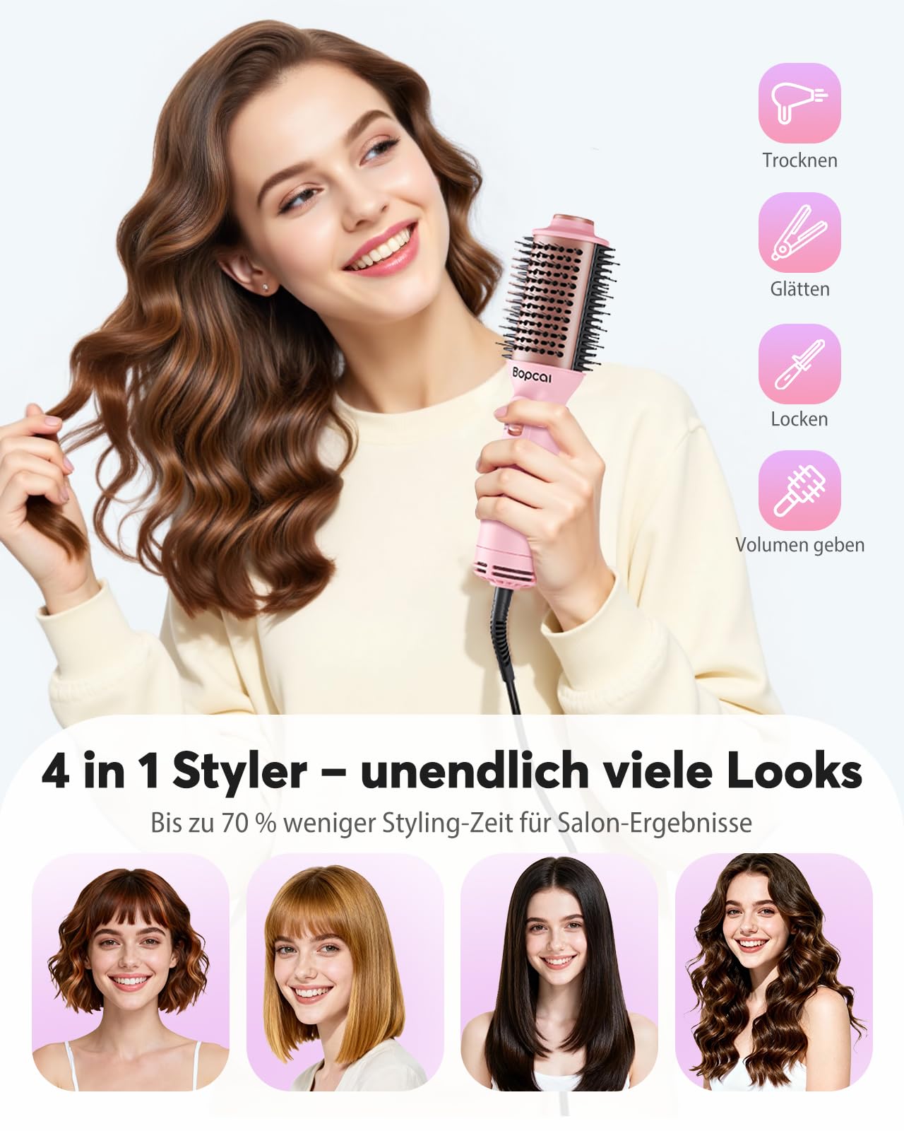 Bopcal Volumen Warmluftbürste für feines Haar Ansatz Styling Föhn Bürste