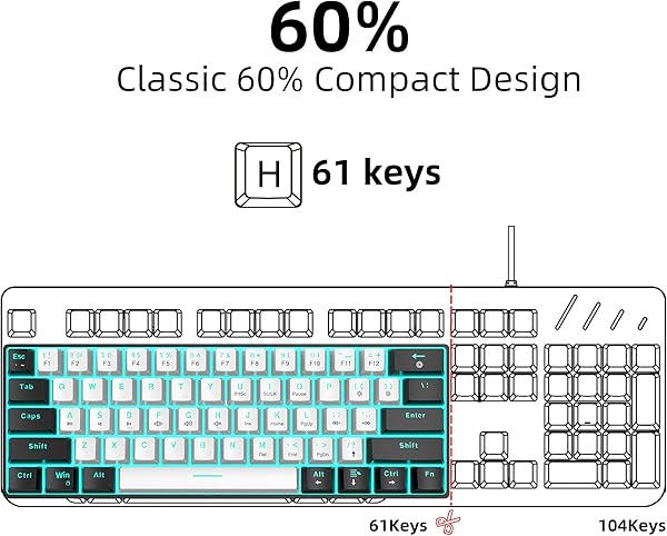 Snpurdiri 60% kabelgebundene mechanische Gaming-Tastatur, 61 Anti-Ghosting-Tasten, Blaue LED-Hintergrundbeleuchtung, ultrakompakte Zwei Ständer(Braune Schalter/Schwarz Weiß) - 5