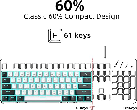 Snpurdiri 60% Wired Mechanical Gaming Keyboard 61 Anti-Ghosting Keys Blue LED Backlight Ultra-Compact Two Stands (Brown Switches/Black and White)