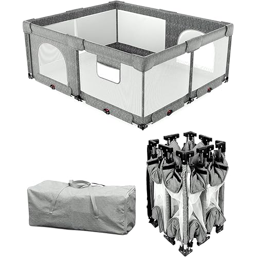 Dearlomum Foldable Baby Playpen with Non Removable Thick Mat,Collapsible for Babies and Toddlers, Extra Large Foldable Playpen for Baby with Gate, Travel Play Pen (Gray 59"×71")