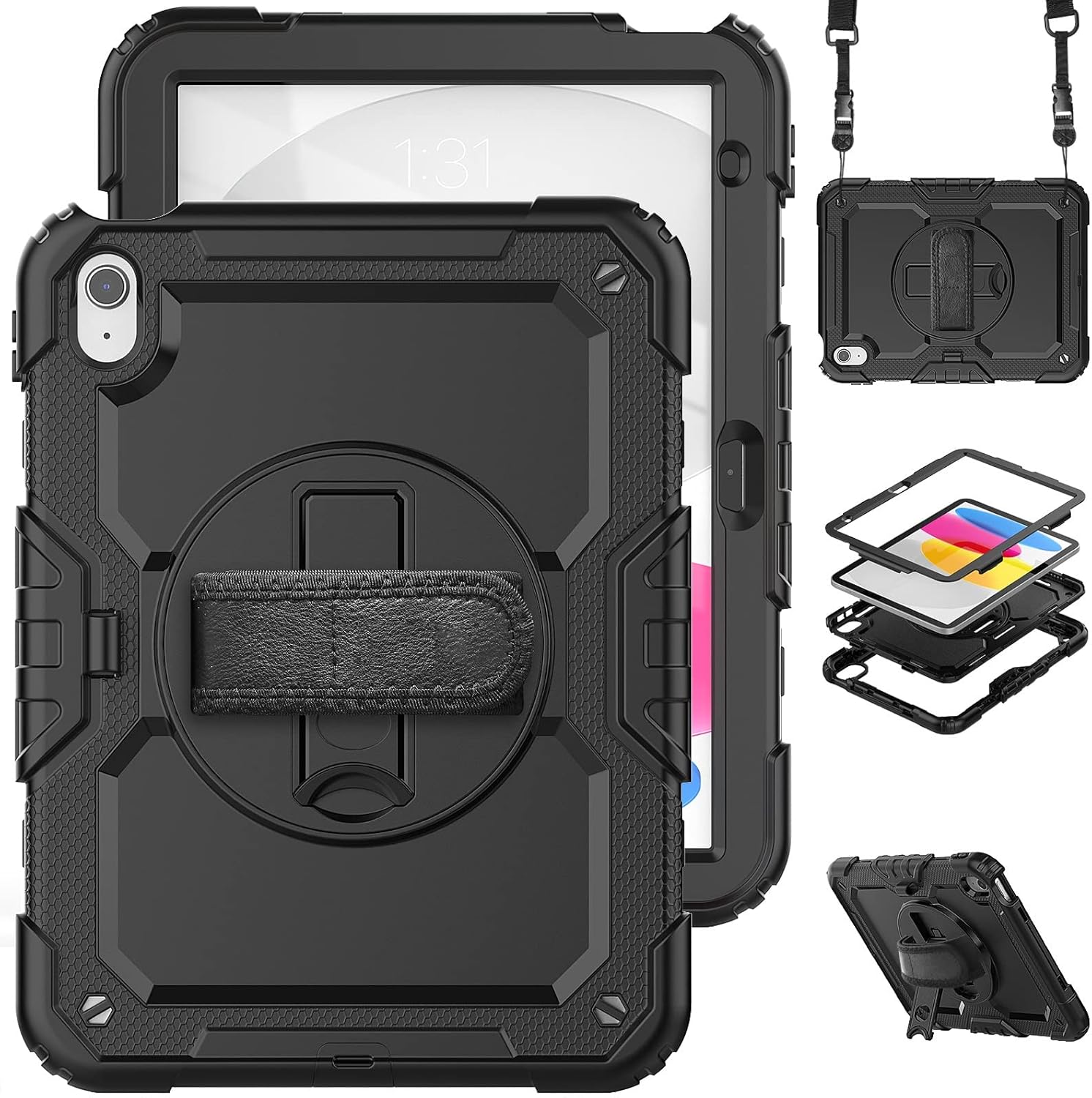 Tablet PC Bags Cases Sleeves Compatible with iPad 10th Generation 10.9" 2022 Released Heavy Duty Shockproof TPU Case,Protective Cover W Screen Protector 360 Swivel Kickstand+Hand Strap+Shoulder Strap(