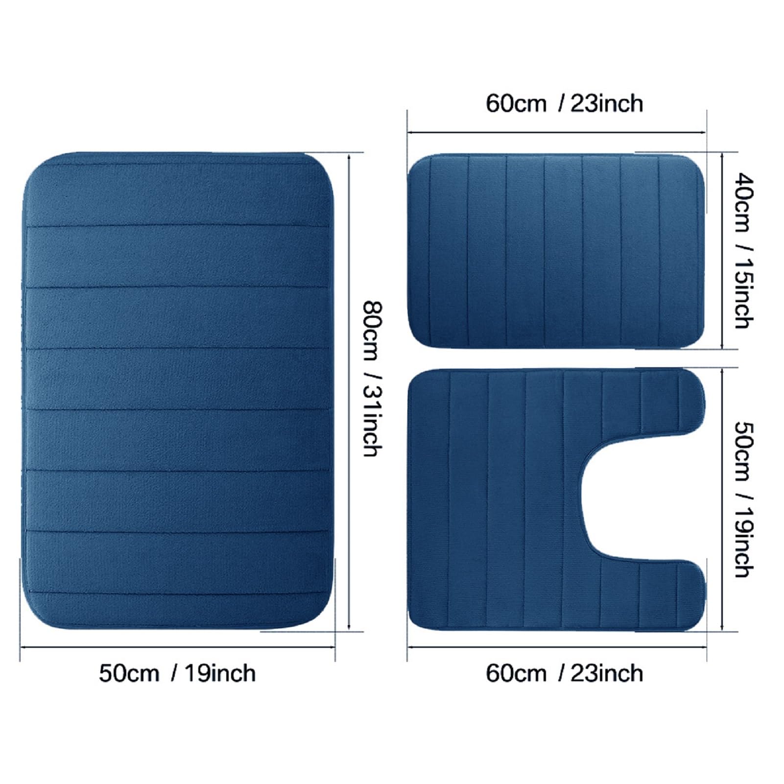 NAKIHOUSE Memory Foam Bath Mat Set, 3 Piece Non-Slip Bath Mats in Navy Blue (40 * 60 + 50 * 50 + 50 * 80cm) Absorb Water - Image 2