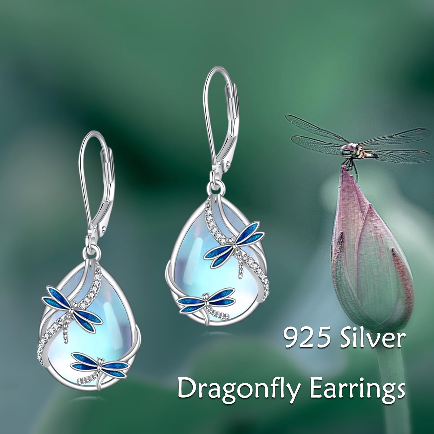 Dragonfly/Butterfly/Bee/Hummingbird/Owl/Cat/Axolotl Earrings for Women Sterling Silver Moonstone Cat'Eye Stone Turquoise Lapis Lazuli Onyx Opal Dangle Jewelry Gifts for Women - Image 3