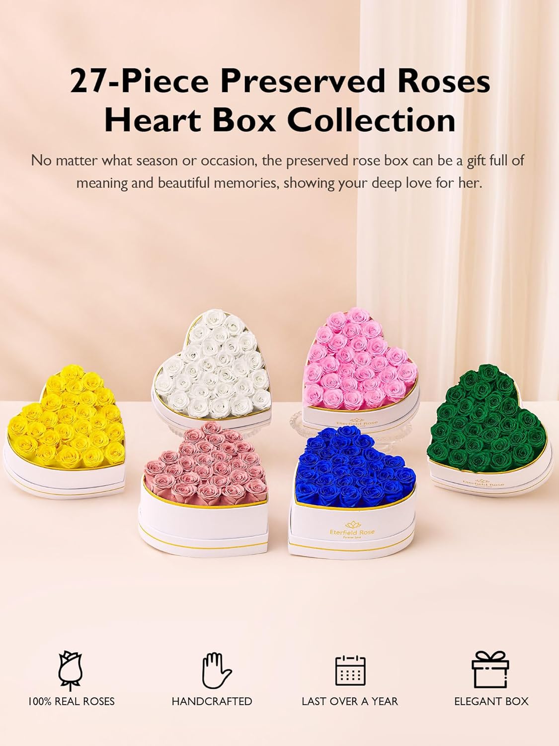 Eterfield 27 Forever Flowers in Heart Shape Box, Preserved Roses That Last a Year Preserved Flowers Birthday Gifts for Her Mom Women Wife Anniversary Valentines Day Mothers Day Christmas, Light Pink - Image 6