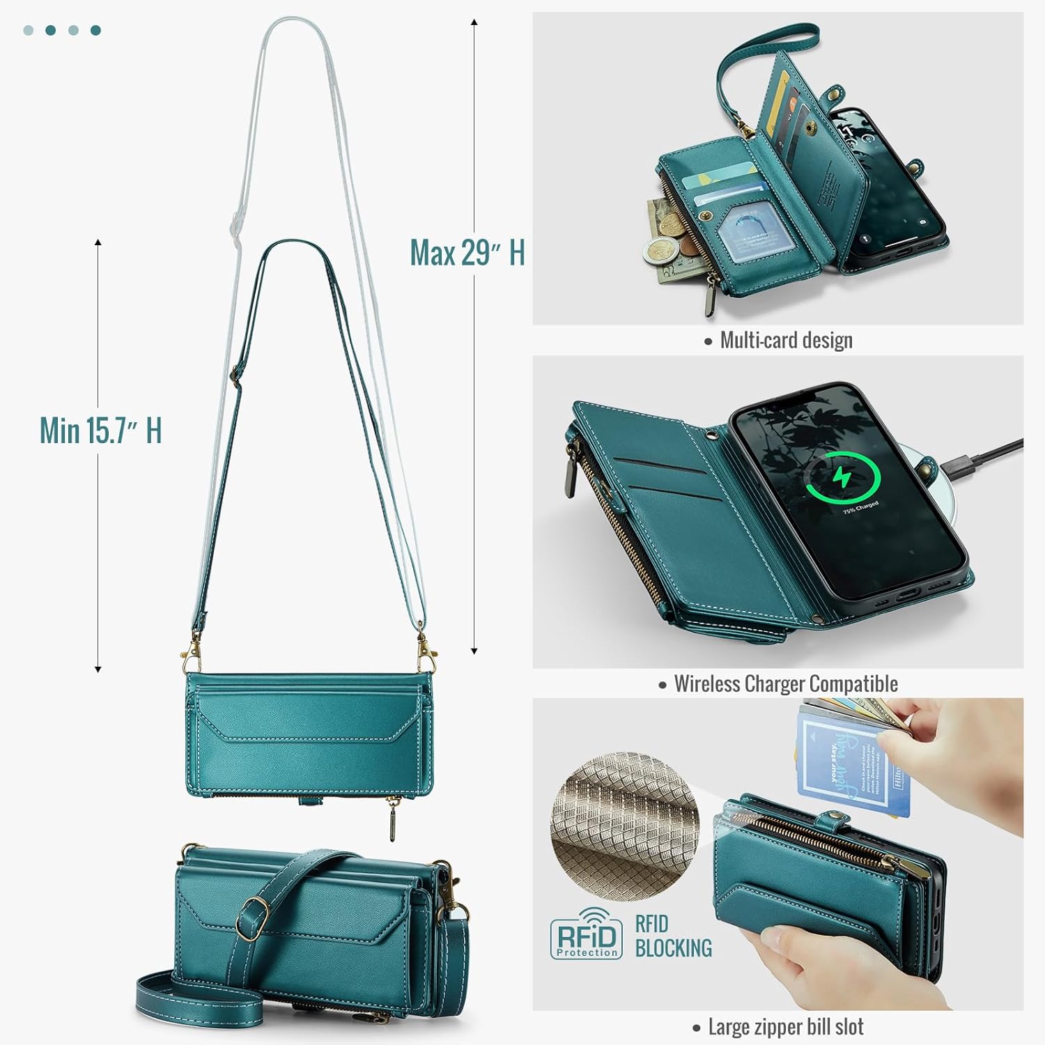 Phone Case for iPhone 16e/SE 2025/SE 4 Zipper Wallet Cover with Tempered Glass Screen Protector and Flip RFID Blocking Card Holder Cell i Phone16e i16e 16 e SE4 4th Generation 16eCase Women Men Green
