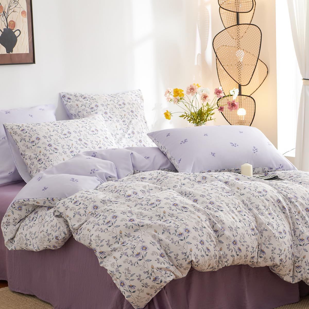 Floral Twin Size Duvet Cover - Purple Floral Pattern, Breathable Anti-Allergic Comforter Cover Soft & Lightweight Microfiber Quilt Cover with Zipper Closure and 1 Pillowcase