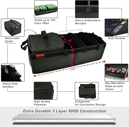 Miniatura 3 de Picnic at Ascot Organizador de maletero de base rígida resistente con capacidad para 28 latas a prueba de fugas, divisores ajustables, 30 pulgadas