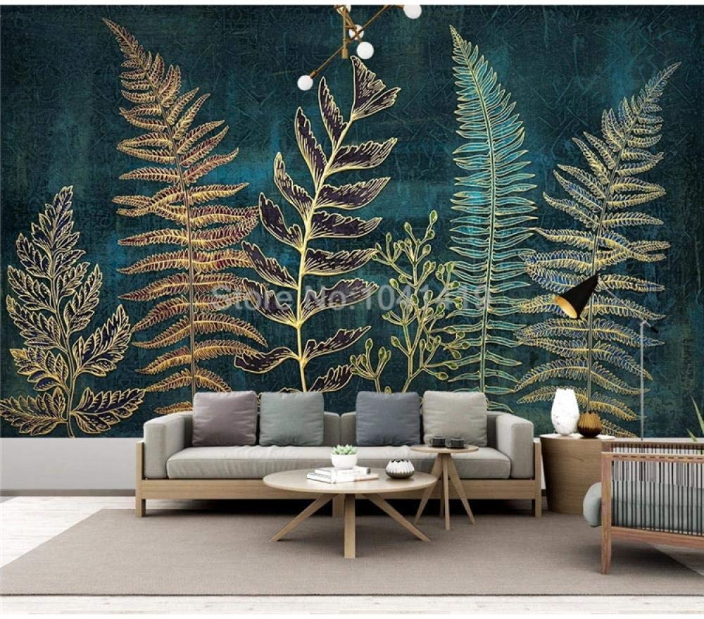 Peinture murale 3D plante feuille ligne d'or salon 250x175 cm