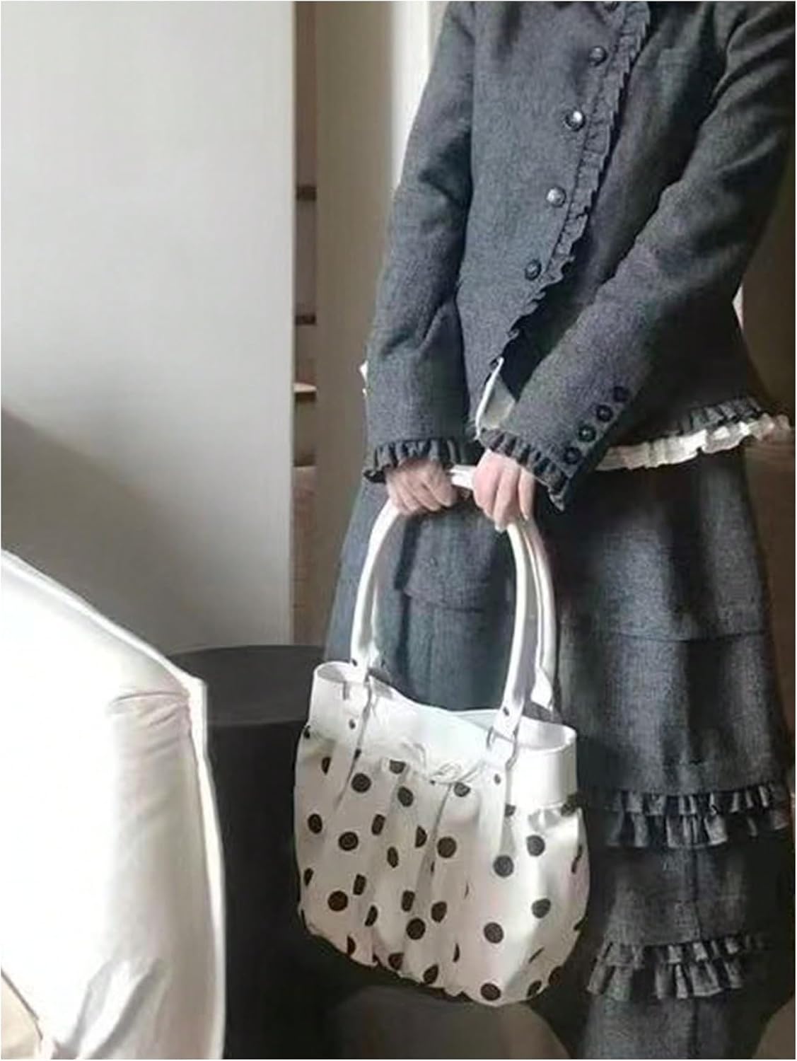 MakeMeChic Women's Polka Dots Top Handle Bags Ruched Bow PU Leather Bags