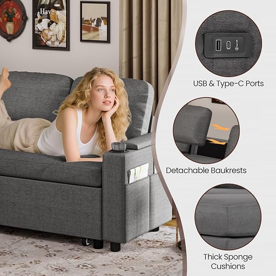 Corner Sofa Bed, L-Shaped Sleeper Sectional Couch Bed, 3-in-1 Linen Convertible Pull Out Sofa Bed with Adjustable Backrest, Storage, USB and Cup Holder for Living Room, Grey