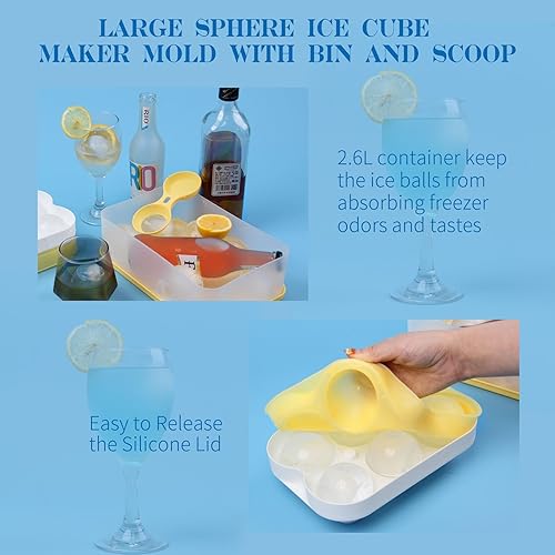 Miniatura 4 de Molde grande para hacer bolas de hielo con tapa y contenedor, bandeja redonda de silicona de 2.3 pulgadas para cócteles de whisky, bourbon, molde de