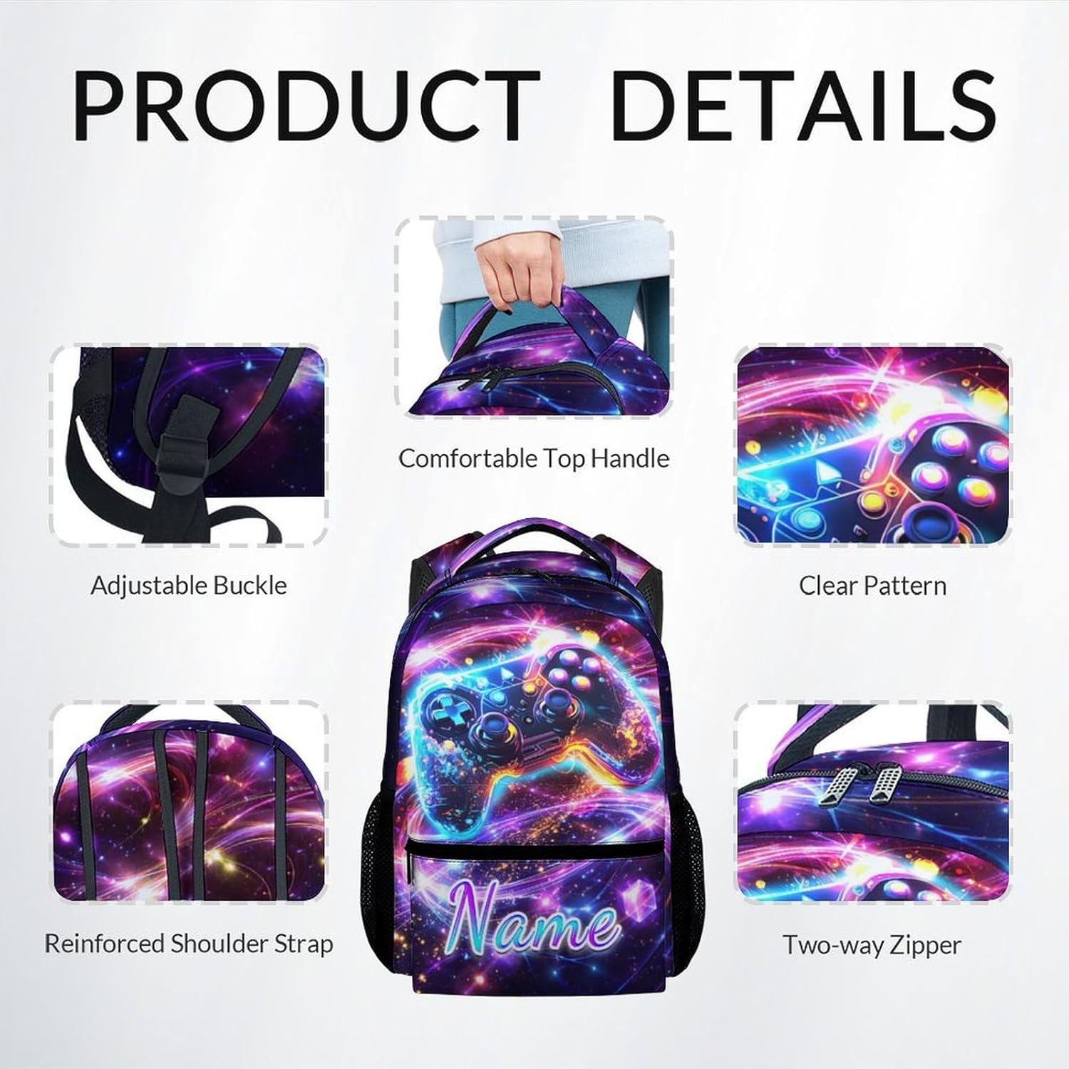 Gaming Backpack for Boys with Lunch Box, Kids Personalized Bookbag Set with Game Controller - 17 Inch Polyester Gamer Daypack for Middle School Weekend Travel Use