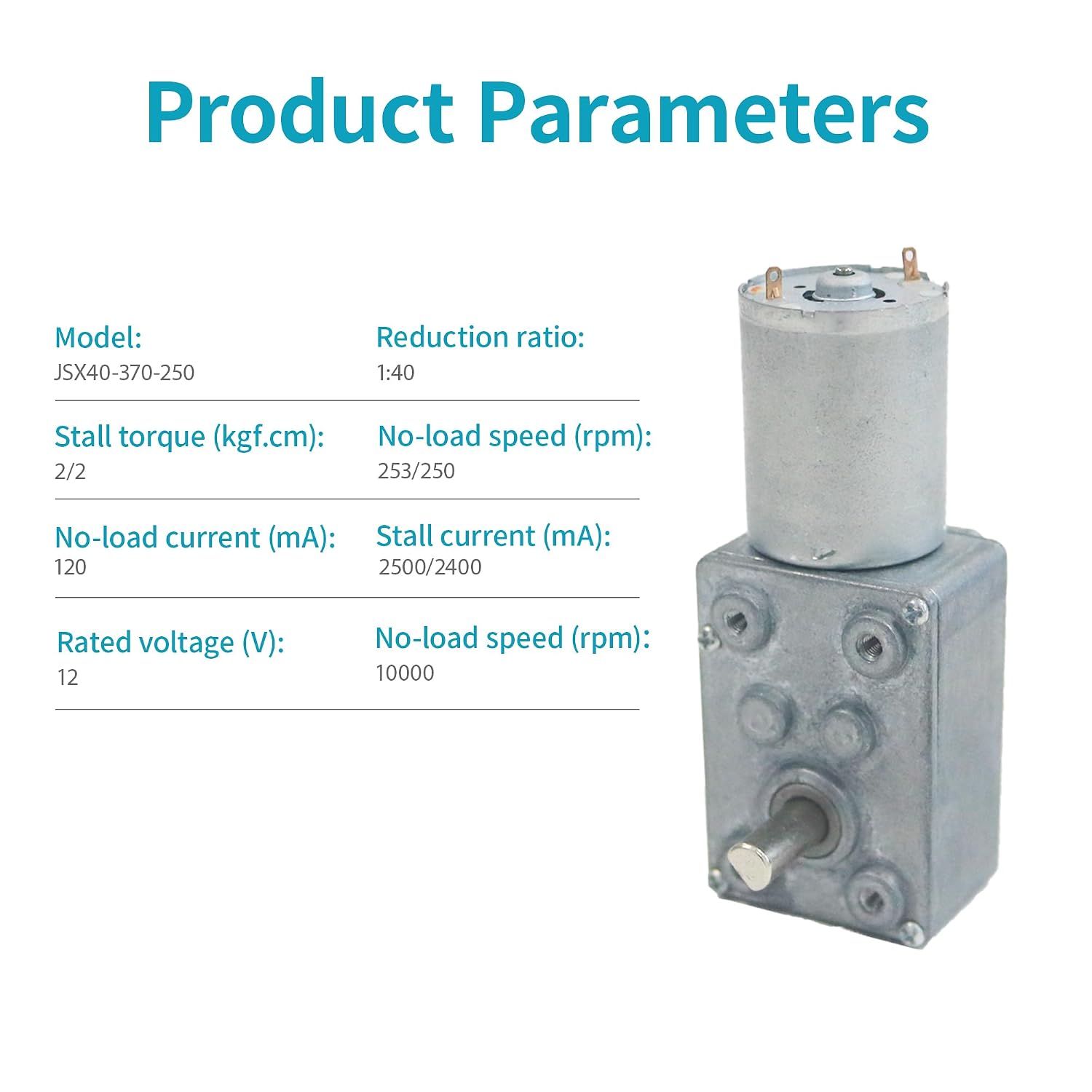 DC 12V 250RPM 6mm Single Shafts Self-Locking Reversible Worm Gear Motor with Cable, High Torque Speed Reduction Motor, Turbine Electric Gearbox Motor JSX40-370