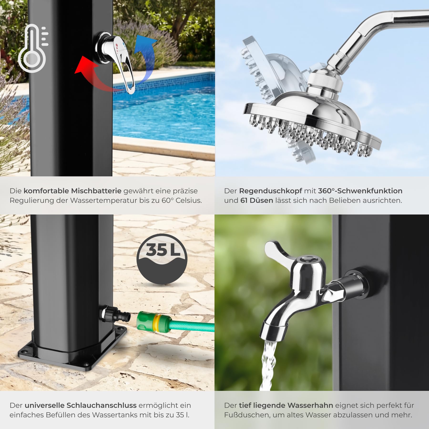 TecTake® Solardusche 35 l, bis 60° C, drehbarer Regenduschkopf, Gartenschlauch-Anschluss, Wasserhahn, Seifenablage, Schutzfolie, Schutzhülle, Außendusche, Solarduschen, schwarz