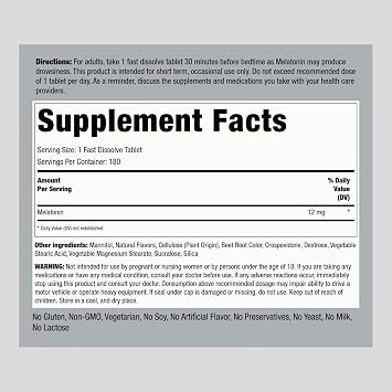 Piping Rock Melatonin 12 mg | 180 Fast Dissolve Tablets | Berry Flavor | Non-GMO, Gluten Free Supplement