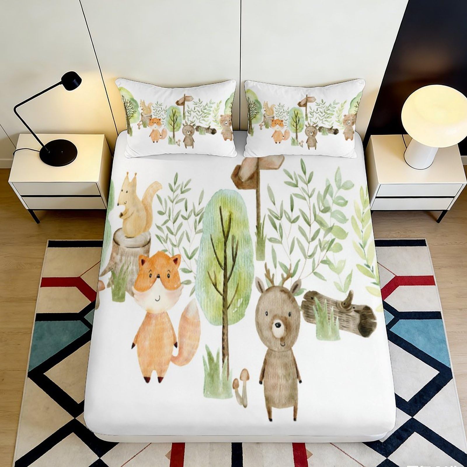 3D Printed Woodland Fox Fitted Sheet Microfiber Soft Breathable Forest Animal Mattress Cover for Bedroom Dorm Decor 200x200x25cm