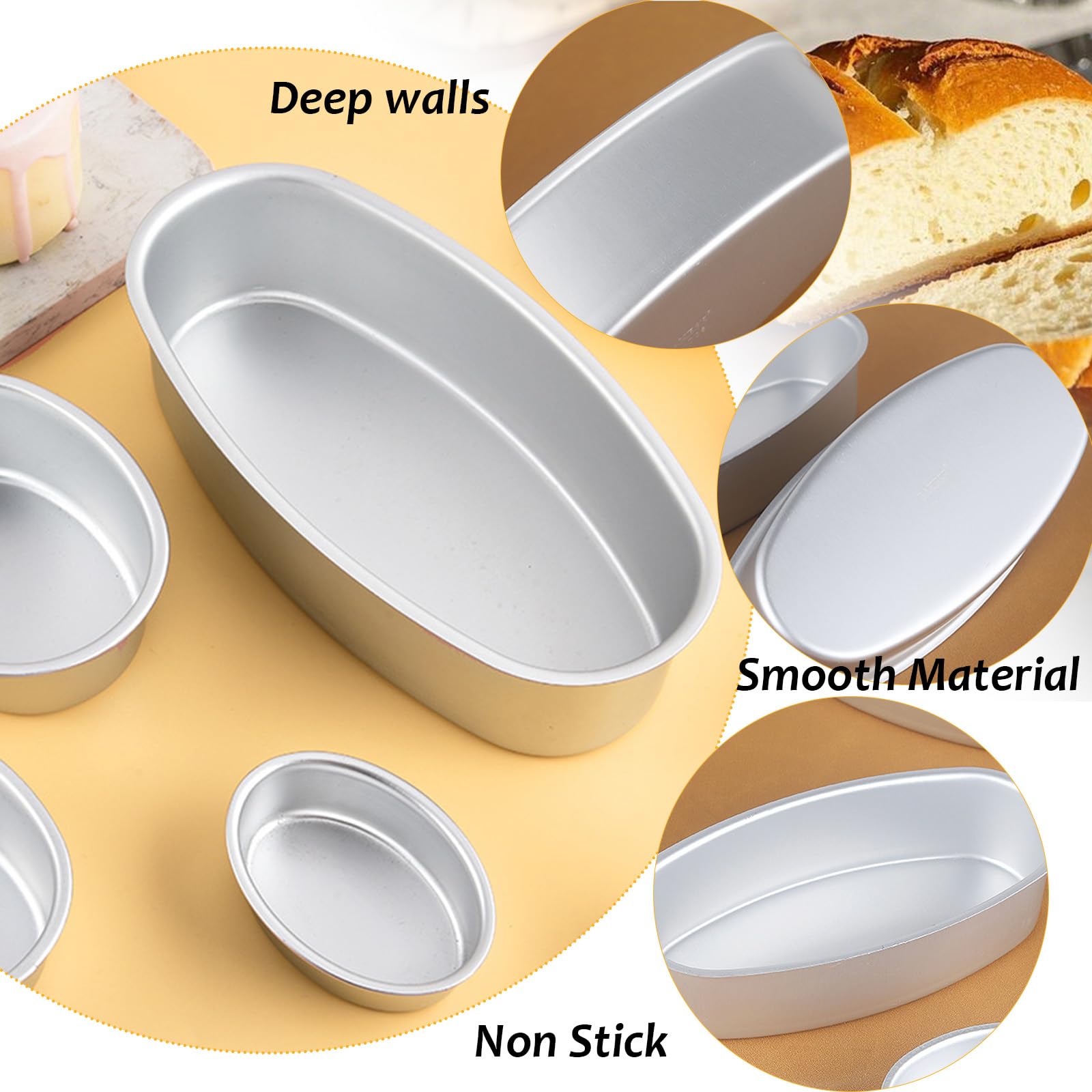 Confezione da 4 teglie ovali in alluminio, 20,3 cm, antiaderenti, per pane, pane, pane, tiramisù, frutta, casa, cucina