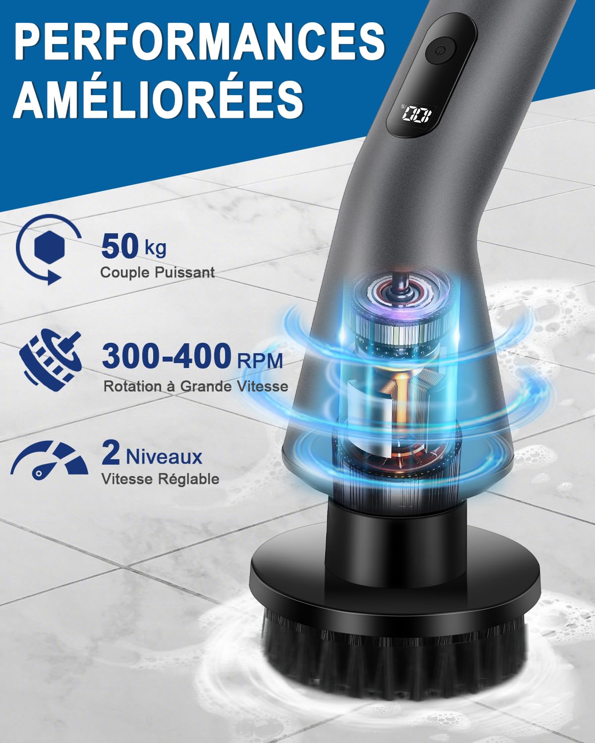 Brosse Nettoyage Electrique, [IPX7 Imperméable] Homtronics Brosse Menage Electrique,Conception Pliant, avec Tige TéLescopique et TêTes de Accessoires pour Salle De Bain,Voiture,