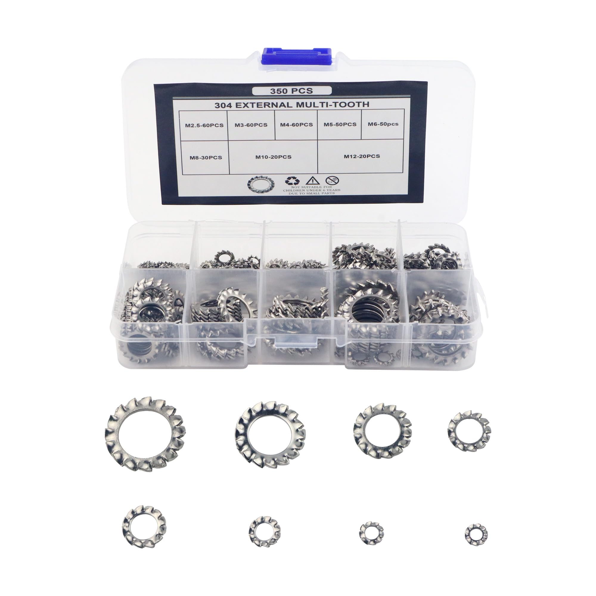 HANLATO 350Pcs External Multi-Tooth Star Lock Washers Assortment Set, 8 Size M2.5 M3 M4 M5 M6 M8 M10 M12, 304 Stainless Steel External Tooth Washer Sets, Silver