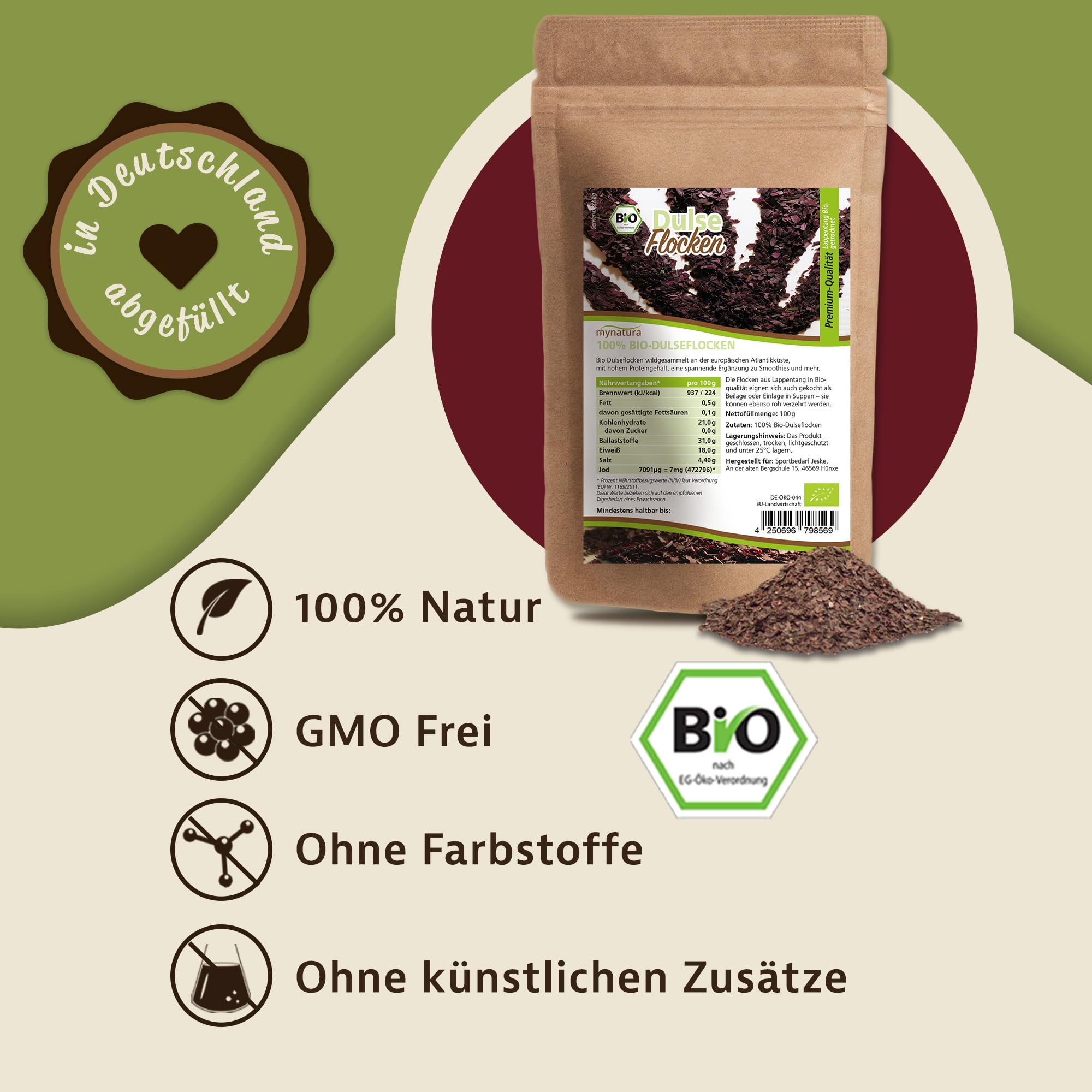 Mynatura Bio Dulse Flocken 100g I Lappentang Algen aus Wildsammlung I Rotalge getrocknet I Vegan & Rohkost I Jodreich & Proteinquelle I DE-ÖKO-044 (3 x 100g)